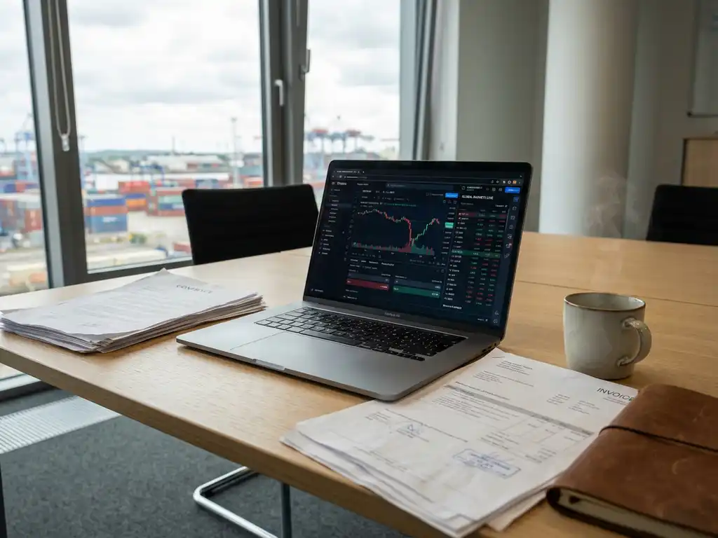 Trading dashboard on laptop with financial charts, contracts scattered on oak desk, coffee cup nearby, harbor view through office windows.