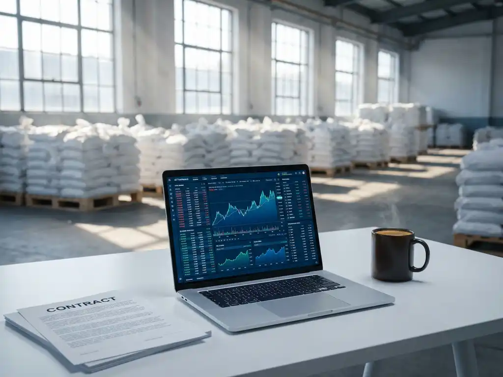 Laptop displaying digital trading dashboard with graphs on white desk next to coffee cup and contracts in warehouse office
