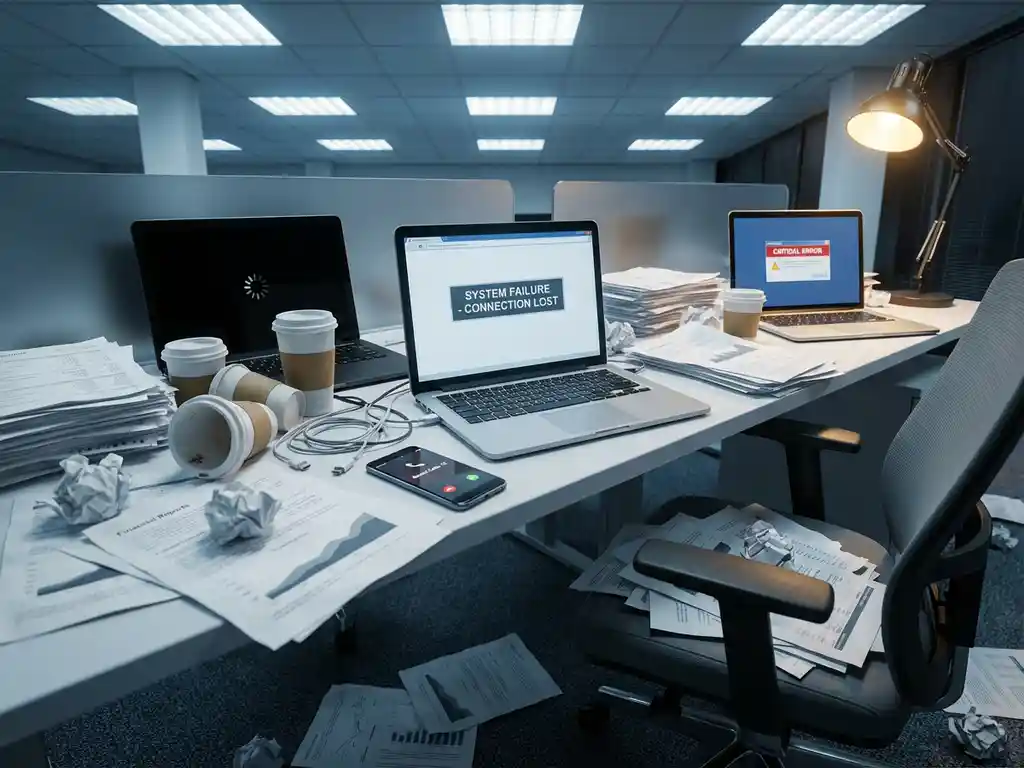 Cluttered office desk with multiple laptops showing error messages, scattered trading documents, and tangled cables