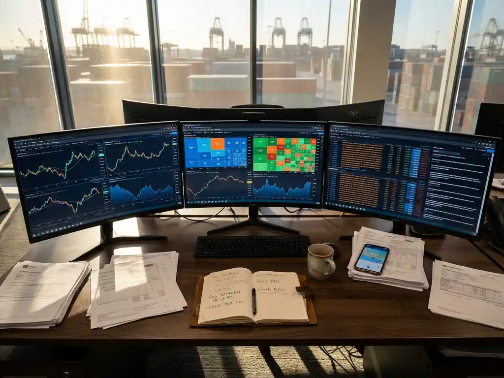 Modern trading desk with multiple monitors displaying commodity price charts, scattered contracts, coffee mug, and harbor view.
