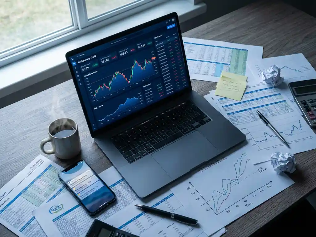 Trading desk with laptop displaying data dashboards, scattered dairy commodity reports, coffee mug, and smartphone with market alerts.