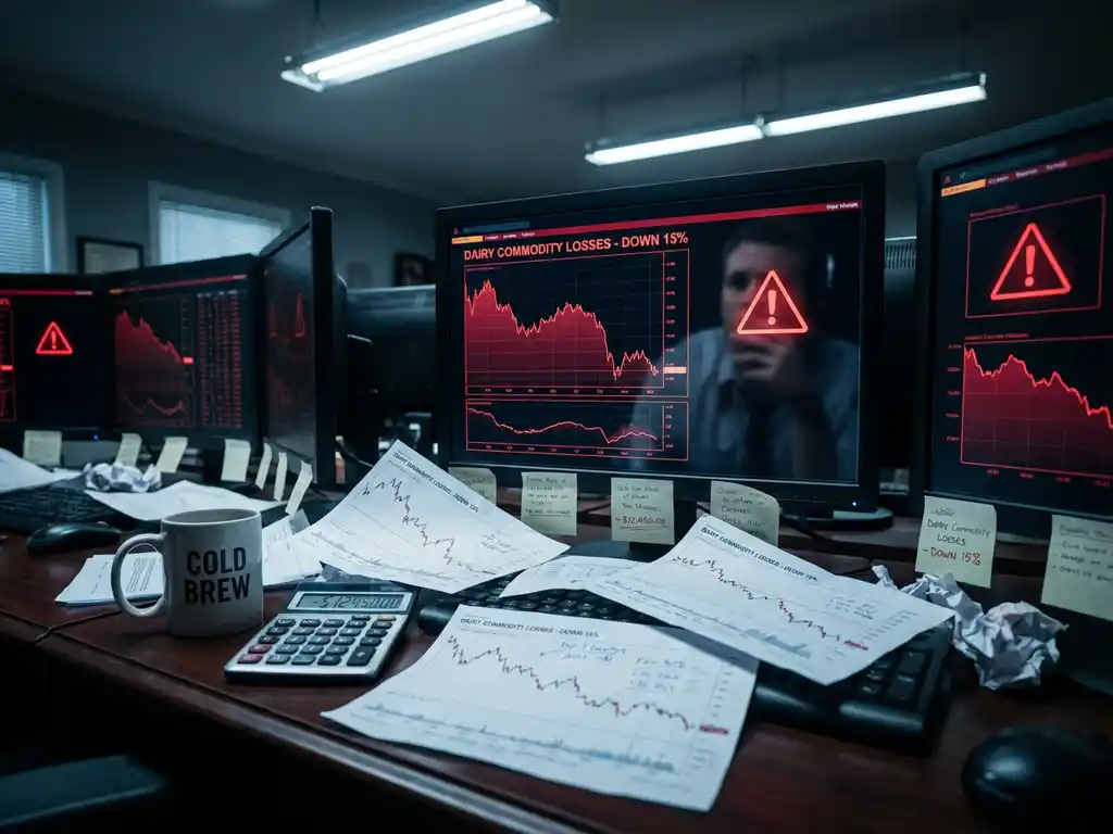 Trading desk with red warning indicators on computer screens showing dairy commodity losses and scattered financial documents