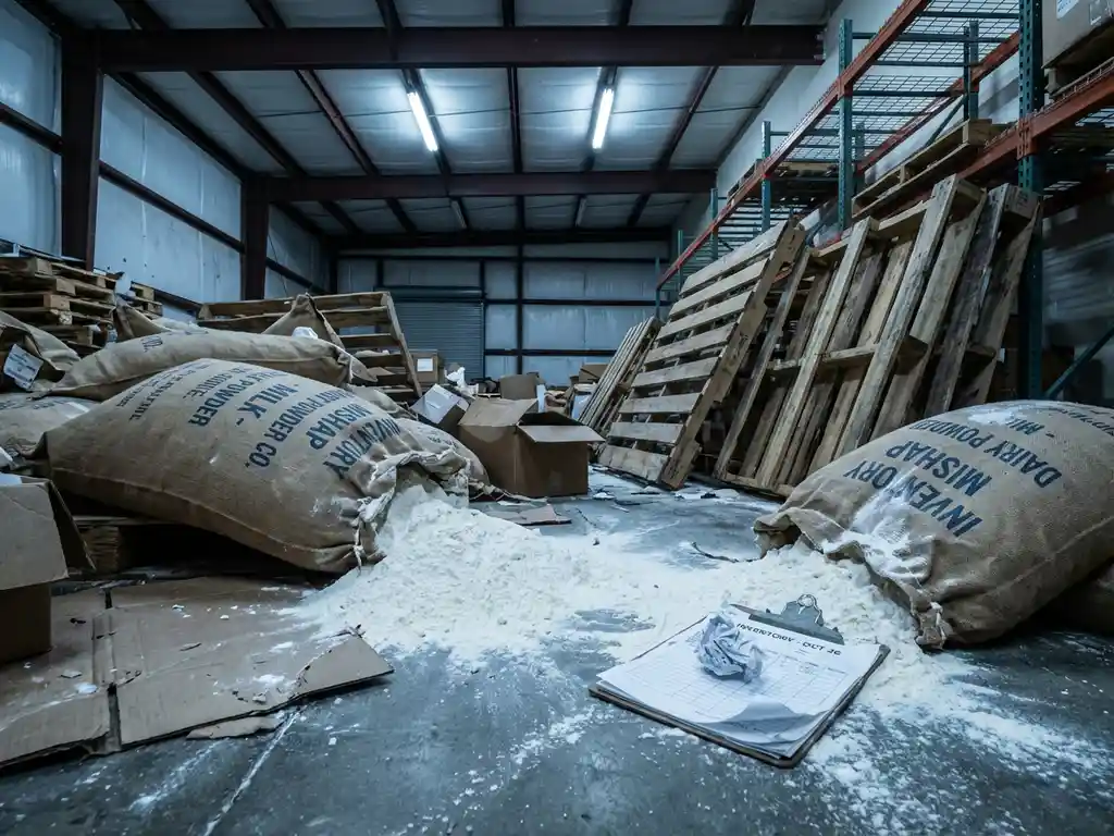Chaotic warehouse with torn milk powder bags spilling white powder across concrete floor, scattered pallets and abandoned clipboard