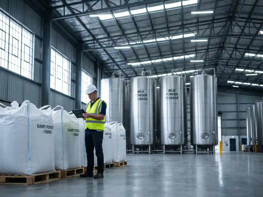 Warehouse manager with digital tablet checking inventory beside stacked milk powder bags in modern industrial facility